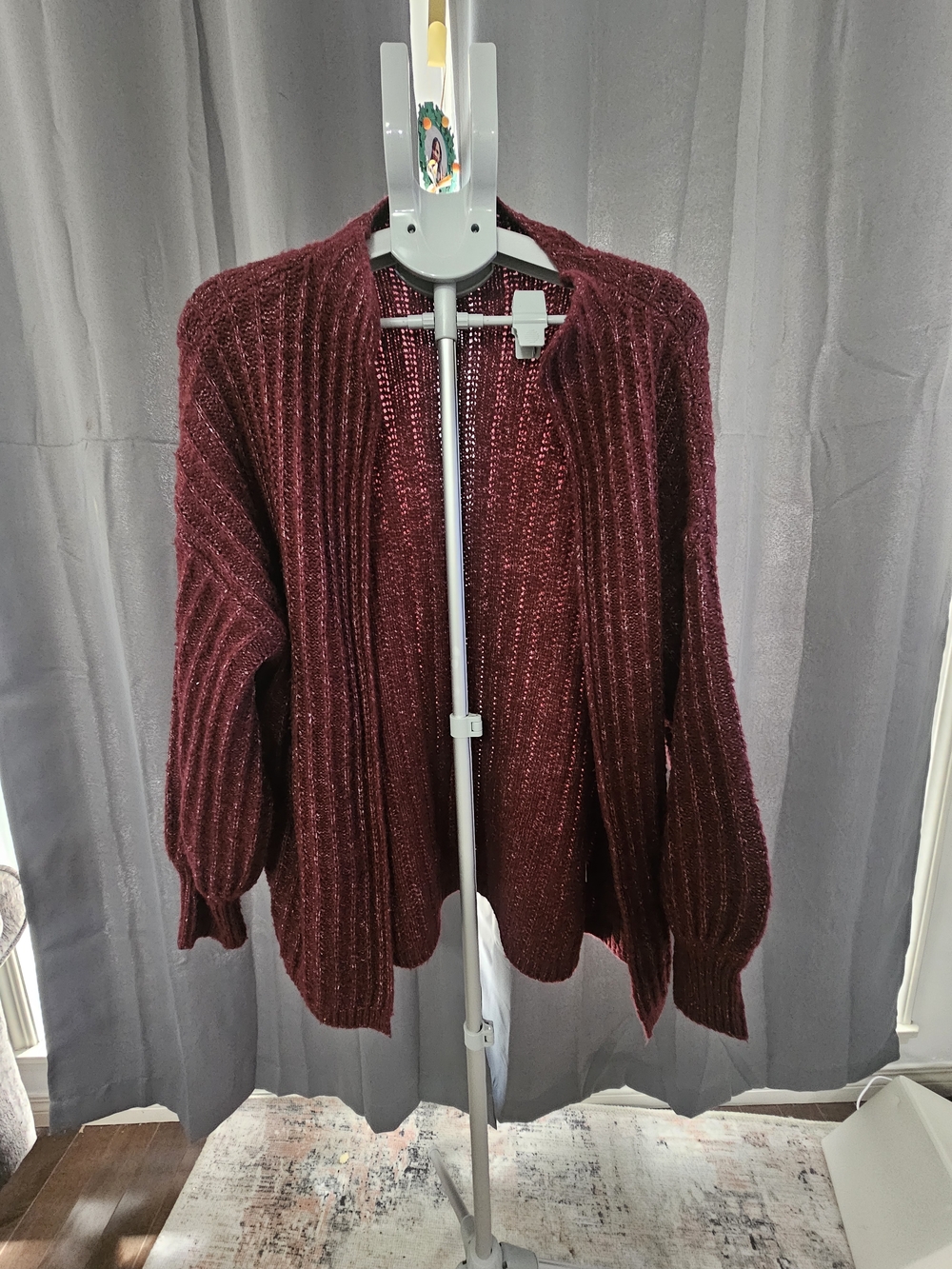 Women's Burgundy Open-Front Ribbed Knit Sweater